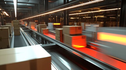 Explore the dynamic environment of a modern supply chain with automated processes, showcasing the efficient movement of goods through a well-organized warehouse system.