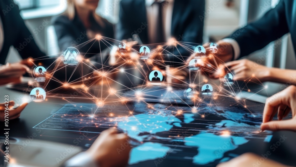 Poster digital network of business people connecting around the globe, symbolizing global digital connectiv
