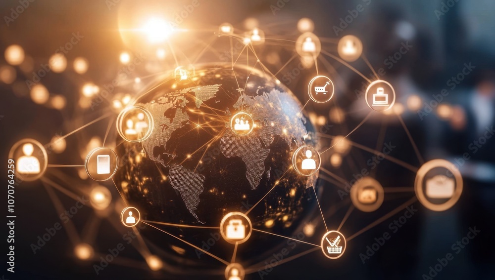 Poster a global network of business people and icons representing digital marketing, highlighting the inter