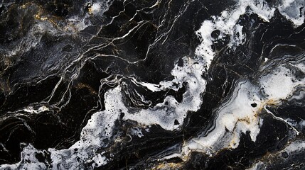 Detailed Close-Up of Polished Black Marble with White Veining