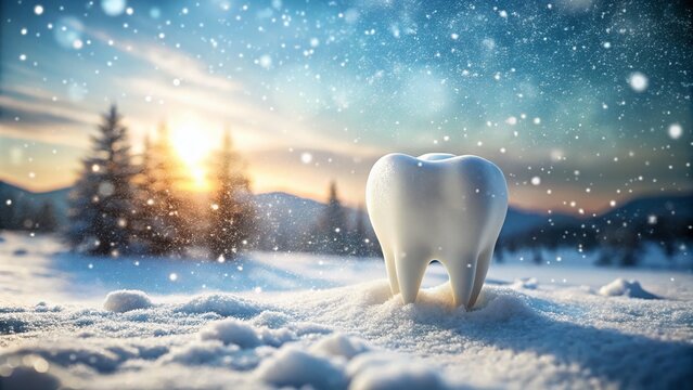 Double Exposure of Snow Falling on a White Tooth in Winter, Illustrating the Concept of Teeth Sensitivity and the Impact of Cold Weather on Dental Health