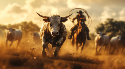 Charging Bull with Cowboy in Background, Western Ranch Scene: Dusty Action Shot of Cowboy Chasing Bull on Horseback, Symbolizing Rodeo and Ranching Tradition. Image made using Generative AI.