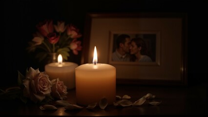 Two candles on a dark background with flowers and a portrait of lovers, memories of love
