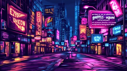 Vibrant Neon Cityscape Night Street Urban Graffiti Cyberpunk 80s Retro