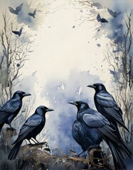 Fototapeta premium watercolor background of crows with empty copy space in the middle