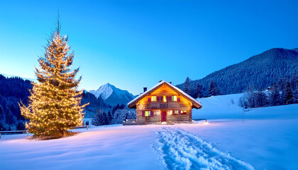 Fototapeta premium Holzhaus mit Weihnachtsbaum in Winterlandschaft 