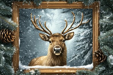 A majestic reindeer stands proudly in a snowy landscape, framed by lush pine and snowflakes, capturing the beauty and tranquility of winter.