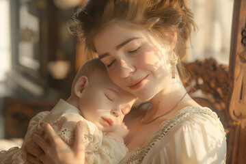 Naklejka premium A serene young Caucasian mother gently cradles her sleeping infant in soft afternoon light, showcasing their deep bond and warmth.