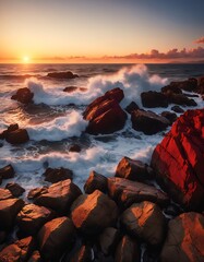 Sunlit waves crash upon red rocky shores