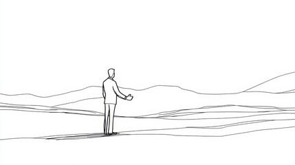 A single line drawing of a businessman standing with his back to the viewer, looking out at a mountainous landscape. This image represents ambition, growth, and reaching new heights.