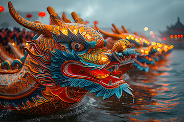 Obraz premium Row of vibrant dragon boat heads with intricate details, splashing through water under rain. Traditional Chinese design, fierce expressions, cultural symbolism, dynamic action. 