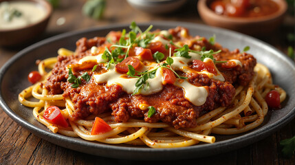 Spaghetti bolognese with melted cheese and fresh herbs