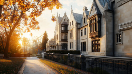 Elegant Mansion with Whimsical Architecture in Golden Hour Light