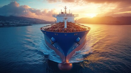 Fototapeta premium Large cargo ship sailing on the ocean at sunset.