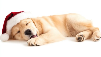 Adorable puppy sleeping in santa hat celebrating christmas bliss