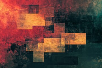 Abstract digital background with a pixelated texture in shades of red, orange, and blue.  The image evokes concepts of technology, data, digital art, and modern design.