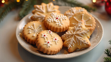Intricately Decorated Christmas Biscuits on a Charming Plate: A Beautiful Mix of Stock and Watercolor Styles