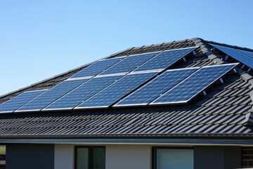 Solar panels installed on a modern house roof, harnessing sunlight for energy.