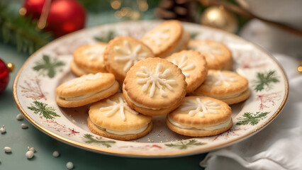 Intricately Decorated Christmas Biscuits on a Charming Plate: A Beautiful Mix of Stock and Watercolor Styles