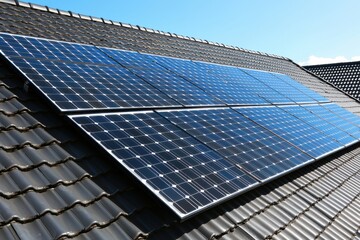Solar panels installed on a roof, harnessing sunlight for energy.