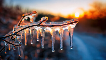 Close-up of icicles forming on small branches, each one glistening in the sunlight and giving off a sparkling, frosty effect.