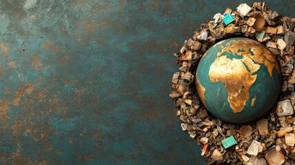 A globe surrounded by waste, symbolizing environmental issues and the urgent need for sustainable practices.