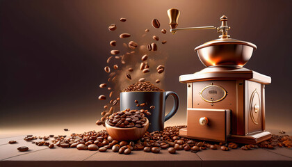 Coffee beans and brewing elements (like a coffee grinder or espresso machine) appearing to float, creating a dynamic and surreal scene focused on coffee culture.