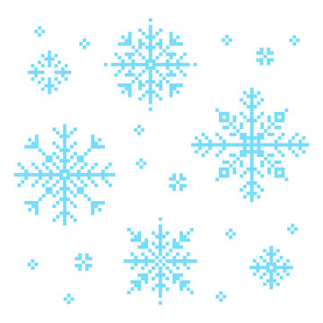 Set of snowflakes or snow icon in pixel art.