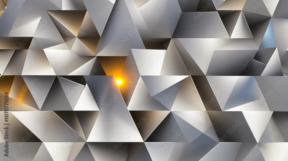 Poster a close-up shot of a geometric pattern made up of gray triangles with a few glowing orange lights sh