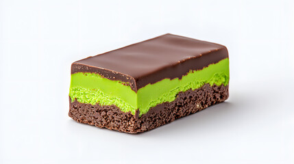Dubai chocolate. Chocolate bar with green pistachio pasta and crunchy kadayif isolated on white background.
