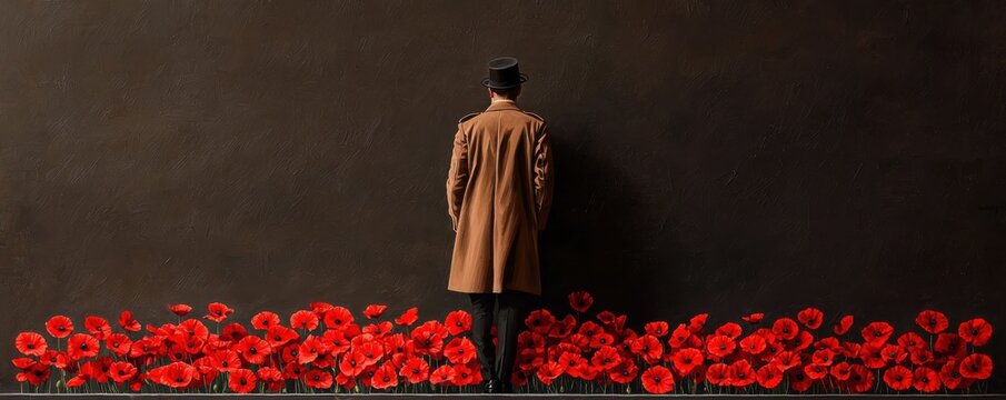 Soldier's somber reflection amidst soft light on poppy flowers a memorial tribute