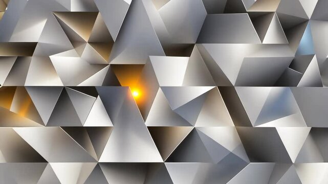 A close-up shot of a geometric pattern made up of gray triangles with a few glowing orange lights shining through