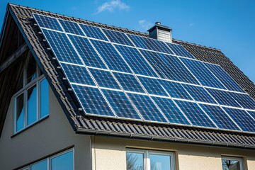 Fototapeta premium A house with solar panels installed on its roof, promoting renewable energy and sustainability.