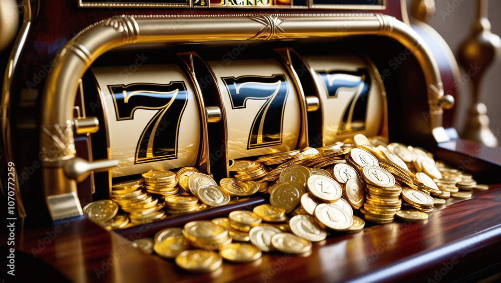 Poster the image shows a slot machine with three reels on which a combination of three sevens has fallen ou