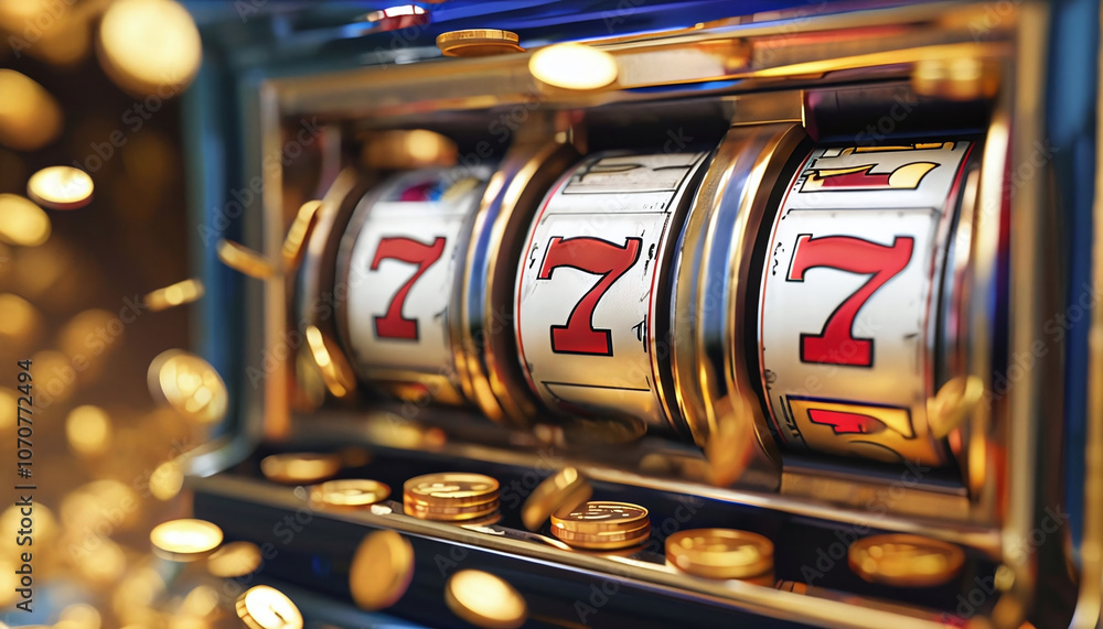 Poster the image shows a slot machine with three reels on which a combination of three sevens has fallen ou