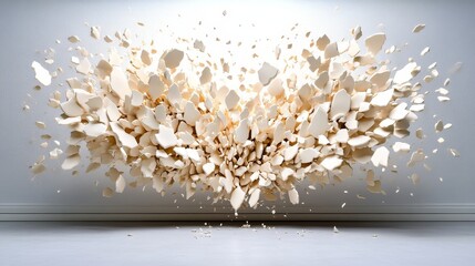 Abstract Explosion of Shattered Pieces 3D Render White Background Minimalist Art