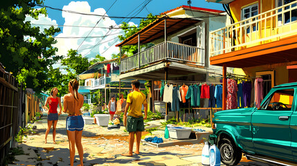 Lively Neighborhood Celebration: People Embracing Sustainable Living with Eco-Friendly Laundry Practices