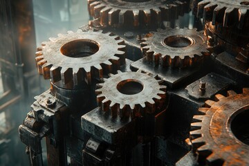 Massive gears in an industrial setting, each cog fitting into the other perfectly, with detailed textures of metalwork and a few rusted edges, creating a dynamic feel of teamwork in motion.