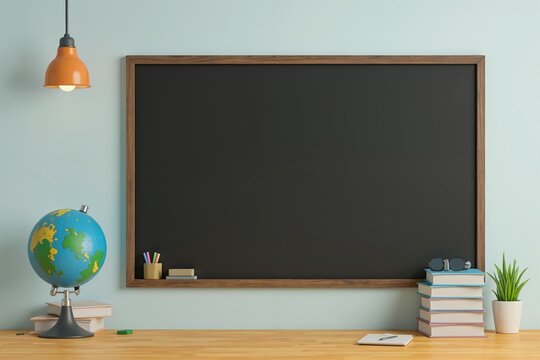 Classroom chalkboard with globe, books, and supplies on wooden desk.