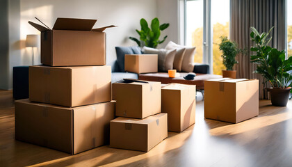 Dynamic images of packing boxes and unpacking in a new home, capturing the excitement of moving, with items scattered around, creating a sense of fresh beginnings.