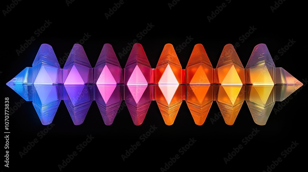 Poster geometric glass prisms arranged in a dynamic pattern, holographic colors shining on a black backdrop