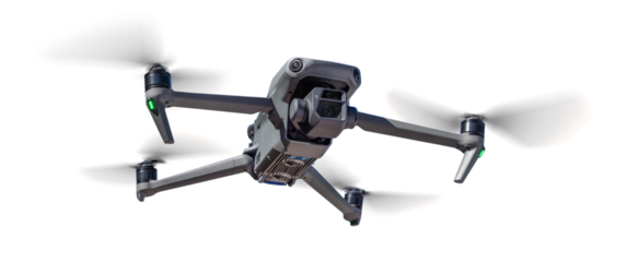 Isolated Front View of a Drone Quadcopter UAV In Flight. Transparent PNG.