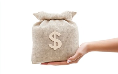 Hand holding a sack with dollar sign, minimalist design for themes of investment, money management, and financial growth, 3D illustration, isolated on white background