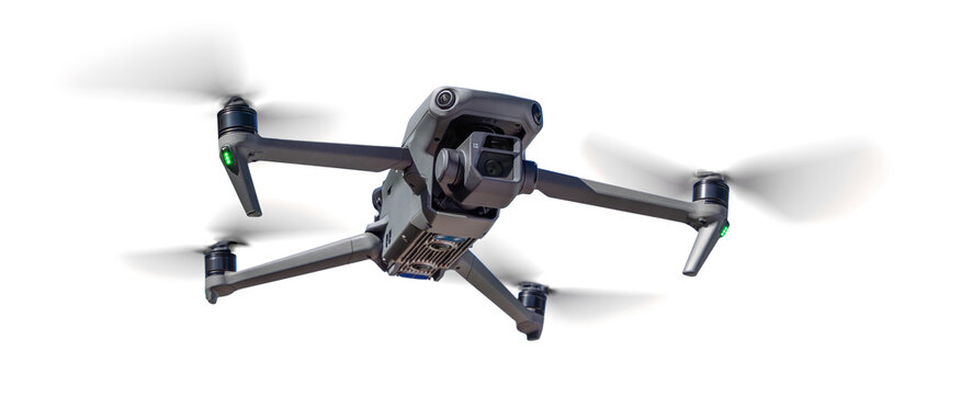 Isolated Front View of a Drone Quadcopter UAV In Flight. Transparent PNG.