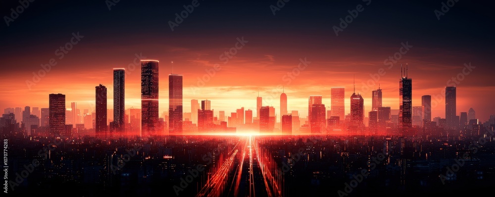 Poster exploring the innovative cyber grid transforming urban internet infrastructure at dusk
