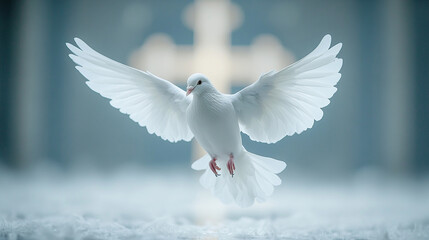 Obraz premium A pure white dove in flight against a blurred background featuring a Christian cross. The image symbolizes peace, hope, spirituality, and divine grace, often associated with faith and renewal