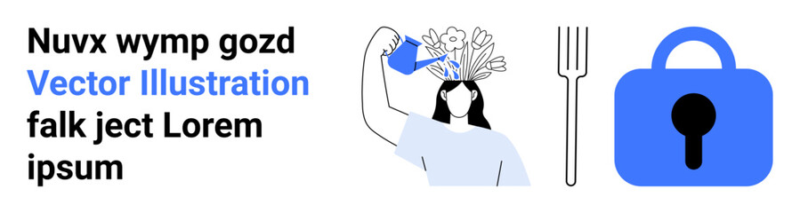 Woman watering flowers growing from her head, large fork, and blue padlock icon. Ideal for mental health, creativity, growth, self-care, security concepts, wellness, personal development. Banner