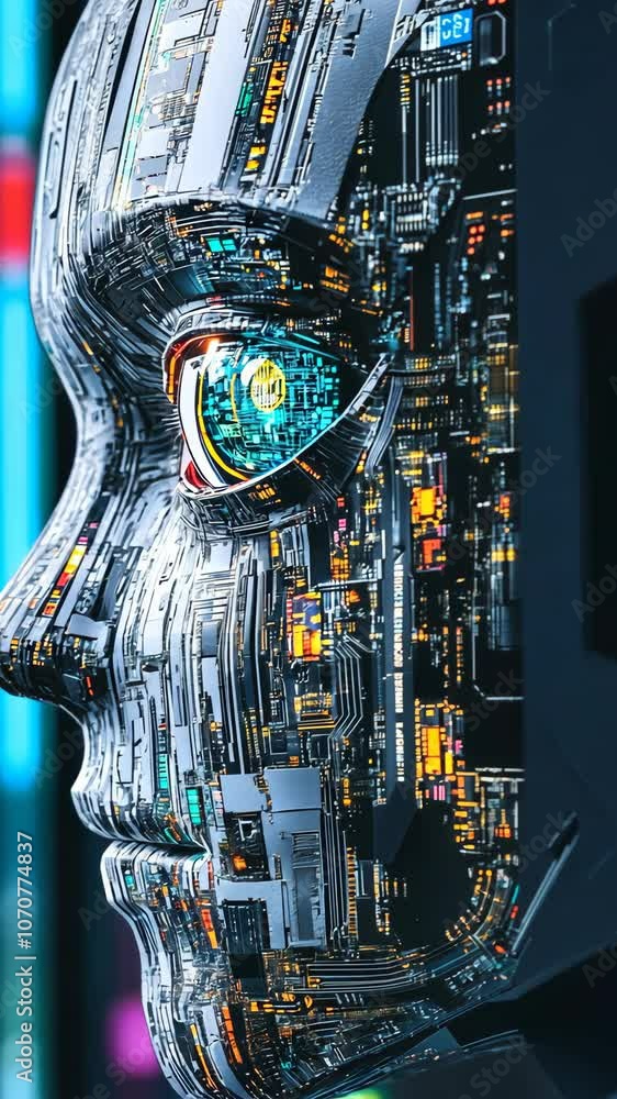 Poster a digital rendering of a robotic face with intricate circuit board details and a glowing blue eye