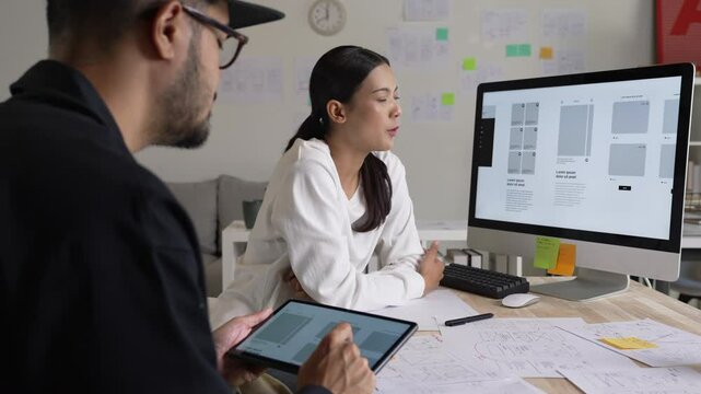 UX UI designers discussing and brainstorming on wireframes for a website and mobile app prototype, in the concept of website and mobile application design concept.
