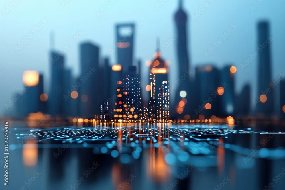 Poster the future how modern city skylines integrate digital network overlays for enhanced infrastructure a